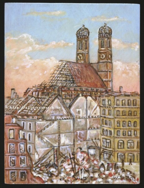 Die Trmmerlandschaft der Mnchner Altstadt mit der Frauenkirche von Nordosten