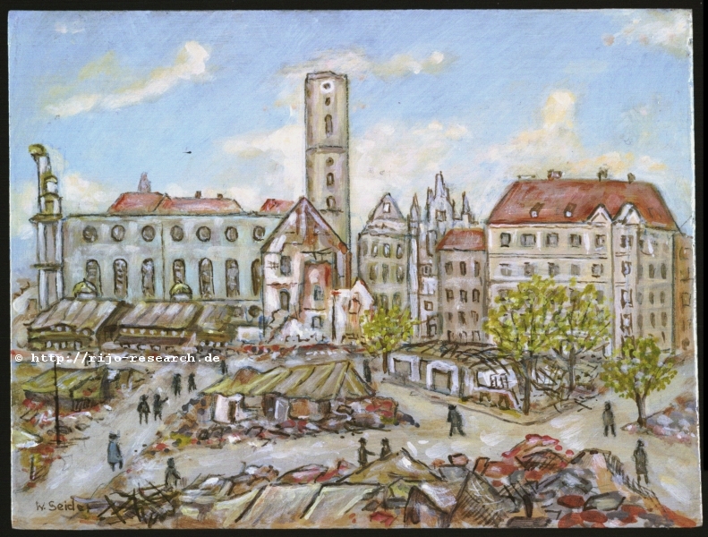 Der Viktualienmarkt, dahinter die Heilig-Geist-Kirche